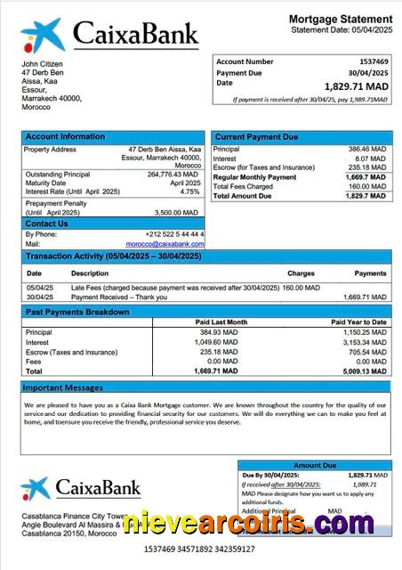 Morocco Caixa Bank mortgage statement Word and PDF template